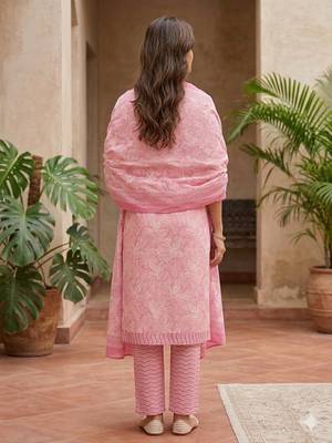 Pink printed cotton blend stitched floral print salwar kurta dupatta for women 3