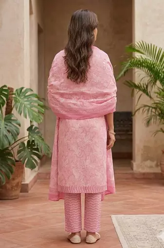 Pink printed cotton blend stitched floral print salwar kurta dupatta for women