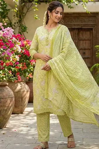 Lime yellow printed cotton blend stitched floral print salwar kurta dupatta for women