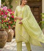 Lime yellow printed cotton blend stitched floral print salwar kurta dupatta for women