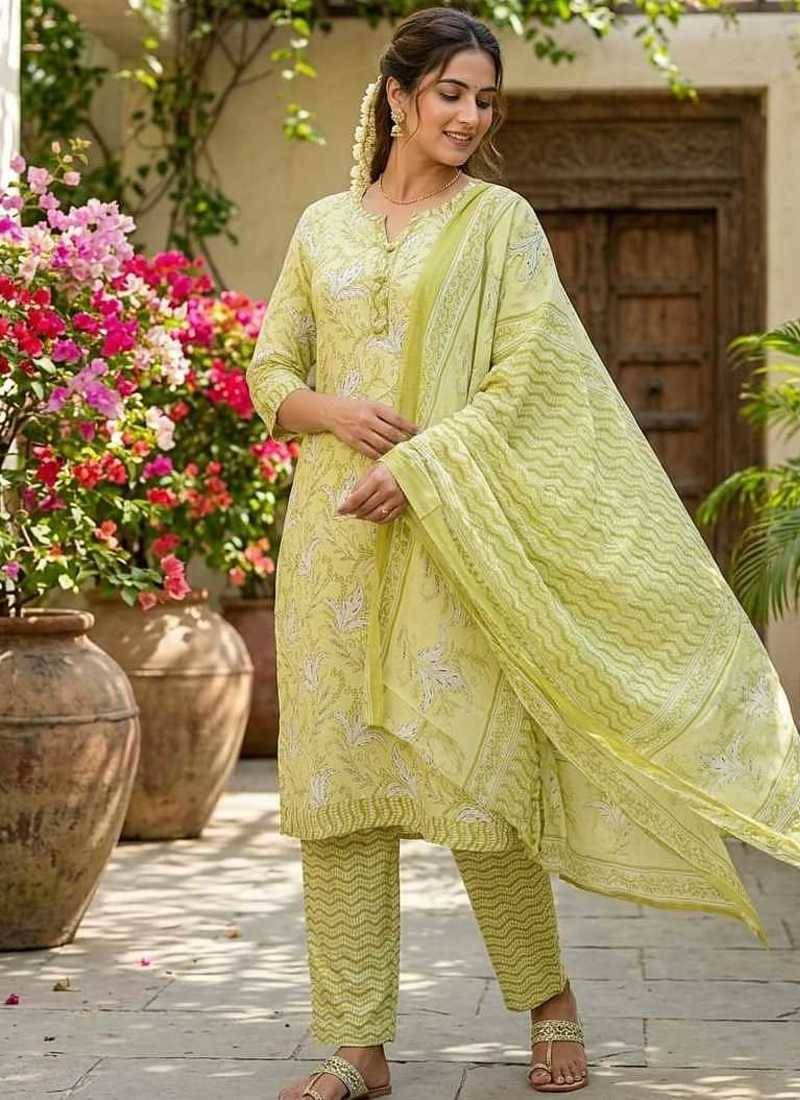 Lime yellow printed cotton blend stitched floral print salwar kurta dupatta for women