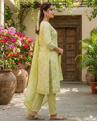 Lime yellow printed cotton blend stitched floral print salwar kurta dupatta for women 2
