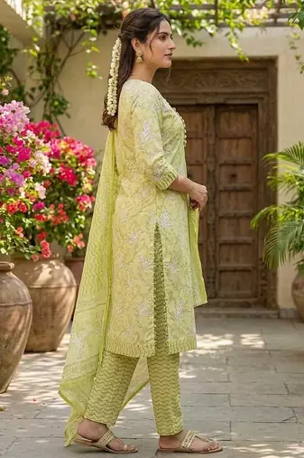 Lime yellow printed cotton blend stitched floral print salwar kurta dupatta for women