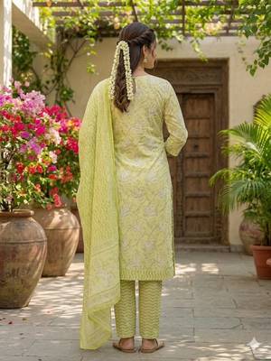 Lime yellow printed cotton blend stitched floral print salwar kurta dupatta for women 3