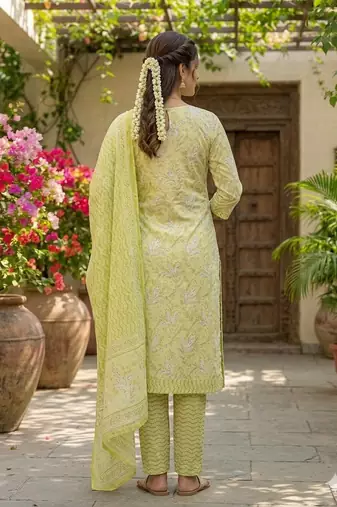 Lime yellow printed cotton blend stitched floral print salwar kurta dupatta for women