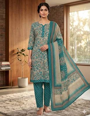 Teal printed cotton blend stitched floral print salwar kurta dupatta for women 1