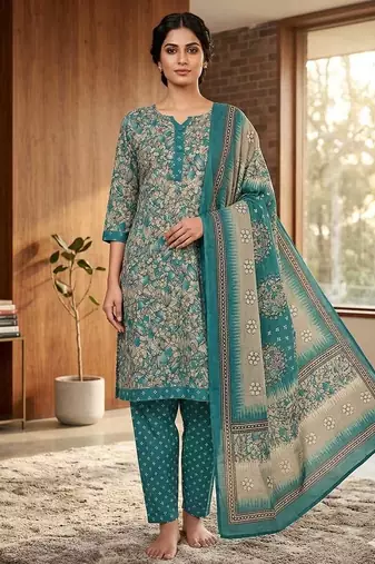 Teal printed cotton blend stitched floral print salwar kurta dupatta for women