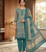 Teal printed cotton blend stitched floral print salwar kurta dupatta for women