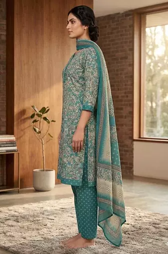 Teal printed cotton blend stitched floral print salwar kurta dupatta for women