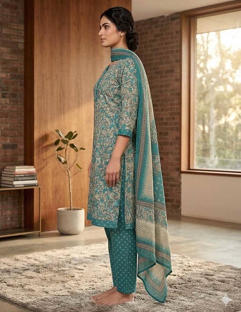 Teal printed cotton blend stitched floral print salwar kurta dupatta for women