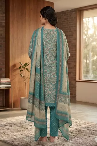 Teal printed cotton blend stitched floral print salwar kurta dupatta for women