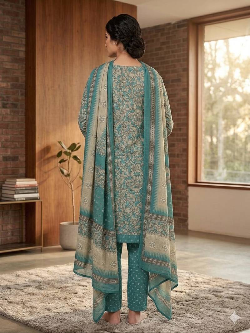 Teal printed cotton blend stitched floral print salwar kurta dupatta for women