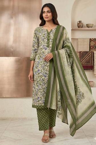 Olive printed cotton blend stitched floral print salwar kurta dupatta for women