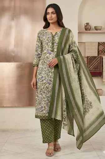 Olive printed cotton blend stitched floral print salwar kurta dupatta for women