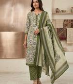 Olive printed cotton blend stitched floral print salwar kurta dupatta for women