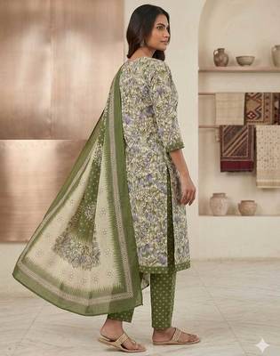 Olive printed cotton blend stitched floral print salwar kurta dupatta for women 2