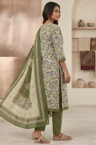 Olive printed cotton blend stitched floral print salwar kurta dupatta for women