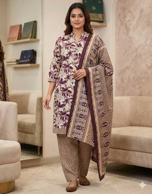 Wine printed cotton blend stitched floral print salwar kurta dupatta for women 1