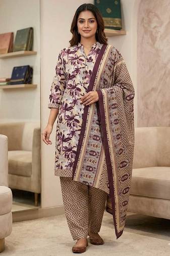Wine printed cotton blend stitched floral print salwar kurta dupatta for women