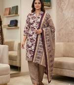 Wine printed cotton blend stitched floral print salwar kurta dupatta for women