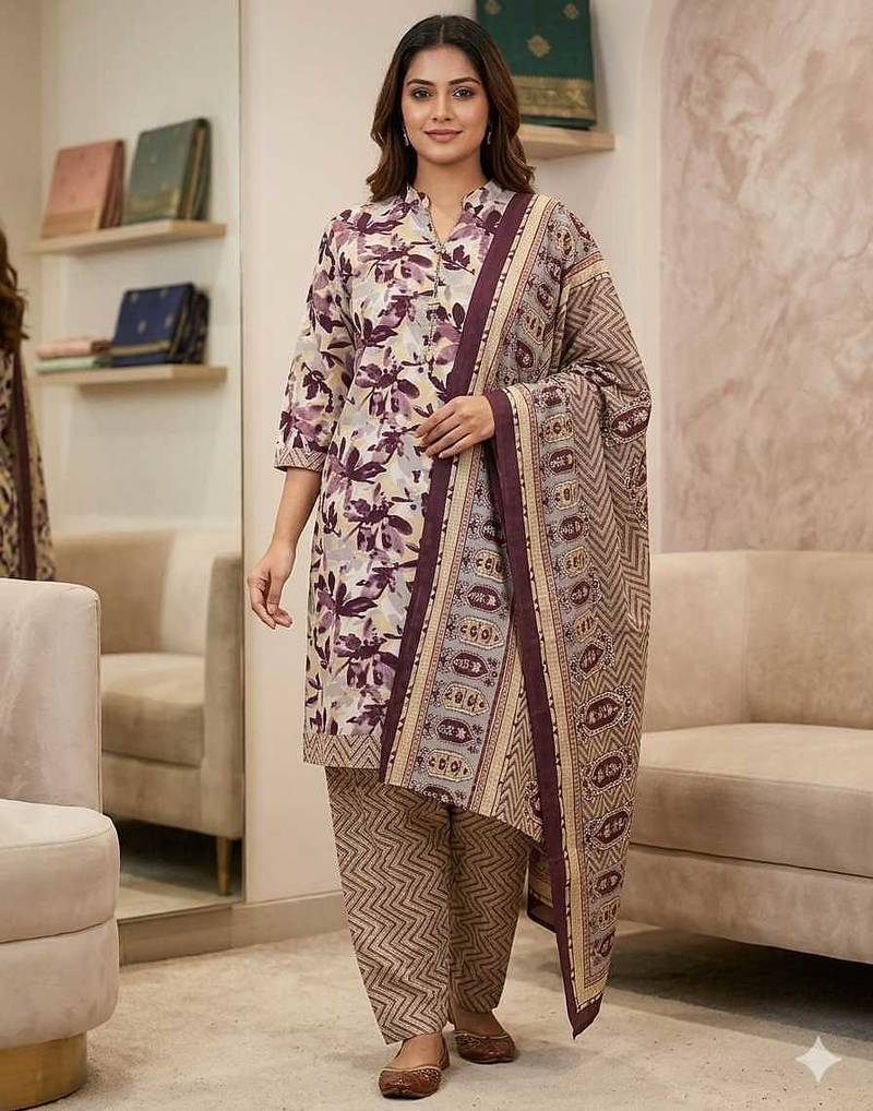 Wine printed cotton blend stitched floral print salwar kurta dupatta for women