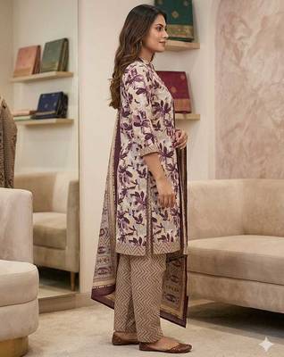 Wine printed cotton blend stitched floral print salwar kurta dupatta for women 2