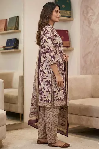 Wine printed cotton blend stitched floral print salwar kurta dupatta for women