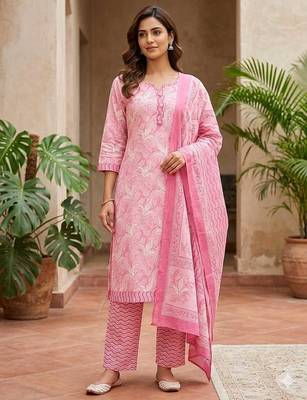 Pink printed cotton blend stitched floral print salwar kurta dupatta for women 4