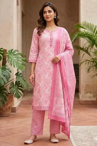 Pink printed cotton blend stitched floral print salwar kurta dupatta for women