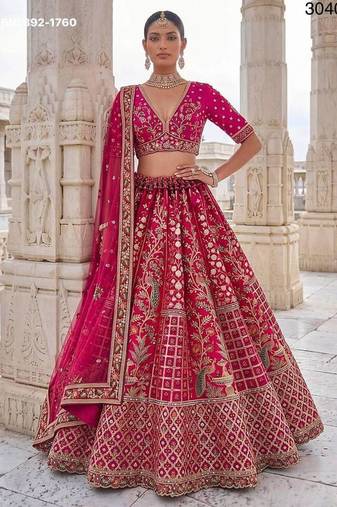 Rani pink silk blend embroidered heavy bridal wedding lehenga choli set