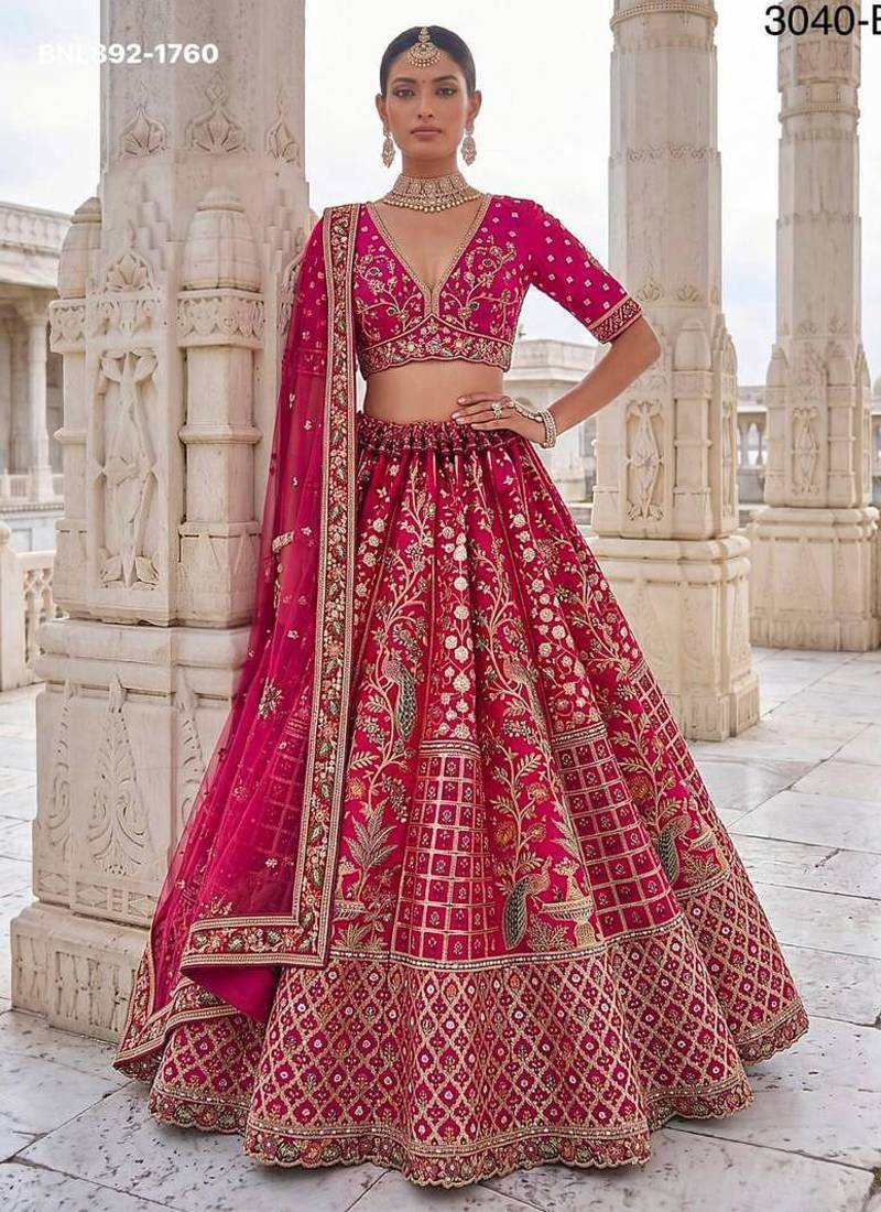Rani pink silk blend embroidered heavy bridal wedding lehenga choli set
