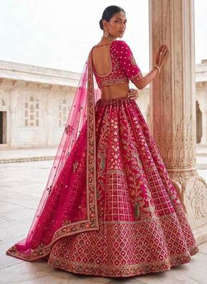 Rani pink silk blend embroidered heavy bridal wedding lehenga choli set 3