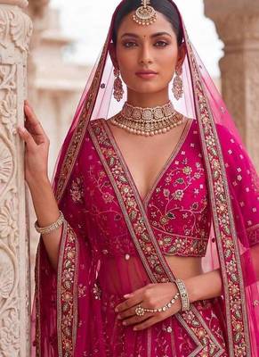 Rani pink silk blend embroidered heavy bridal wedding lehenga choli set 4