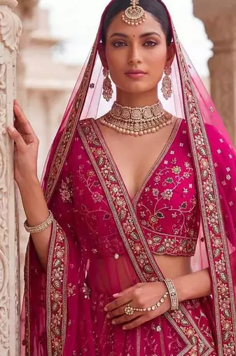 Rani pink silk blend embroidered heavy bridal wedding lehenga choli set