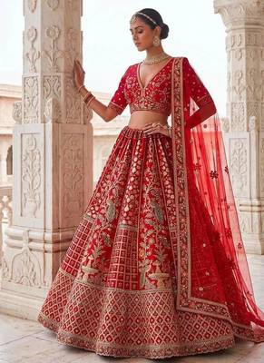 Red silk blend embroidered royal bridal wedding lehenga choli set 1