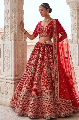 Red silk blend embroidered royal bridal wedding lehenga choli set