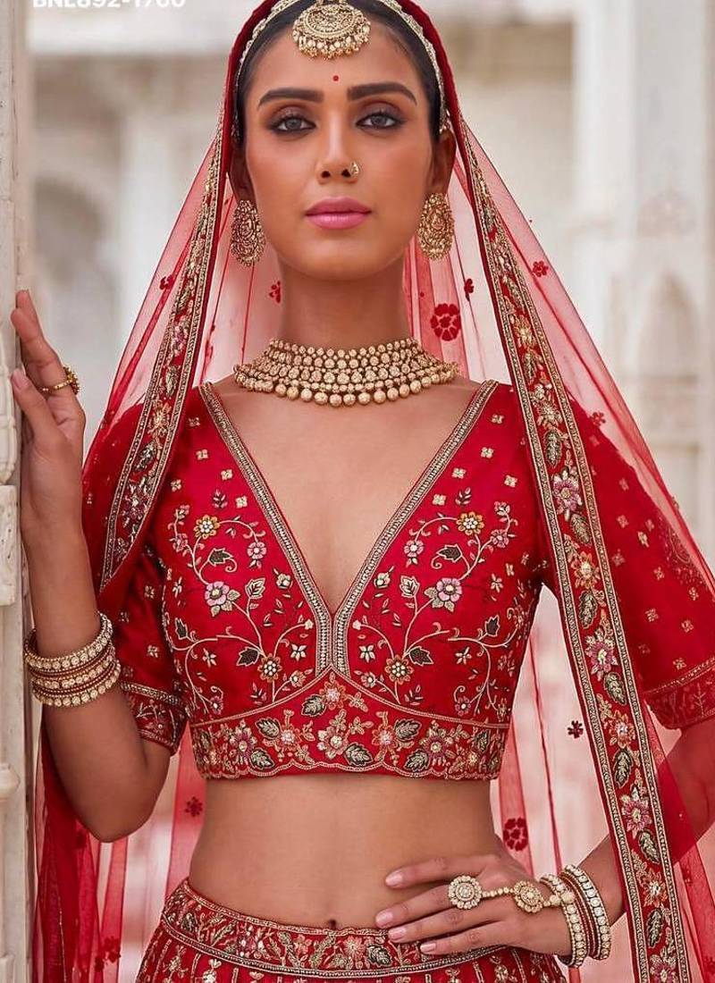 Red silk blend embroidered royal bridal wedding lehenga choli set