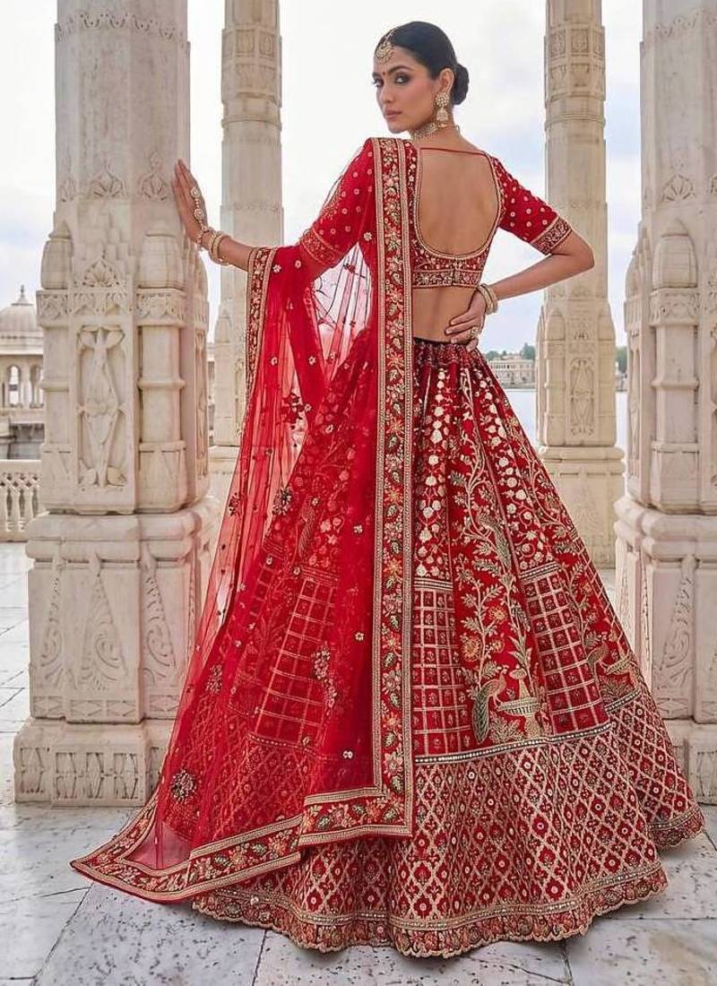 Red silk blend embroidered royal bridal wedding lehenga choli set