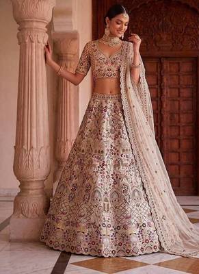 Beige silk blend embroidered heavy bridal wedding lehenga choli set 1
