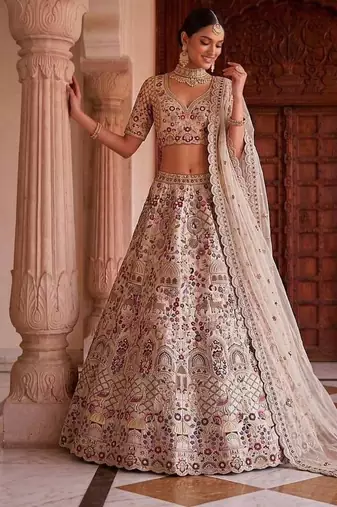 Beige silk blend embroidered heavy bridal wedding lehenga choli set