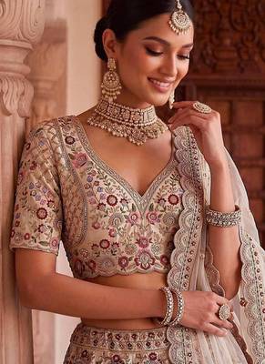 Beige silk blend embroidered heavy bridal wedding lehenga choli set 2