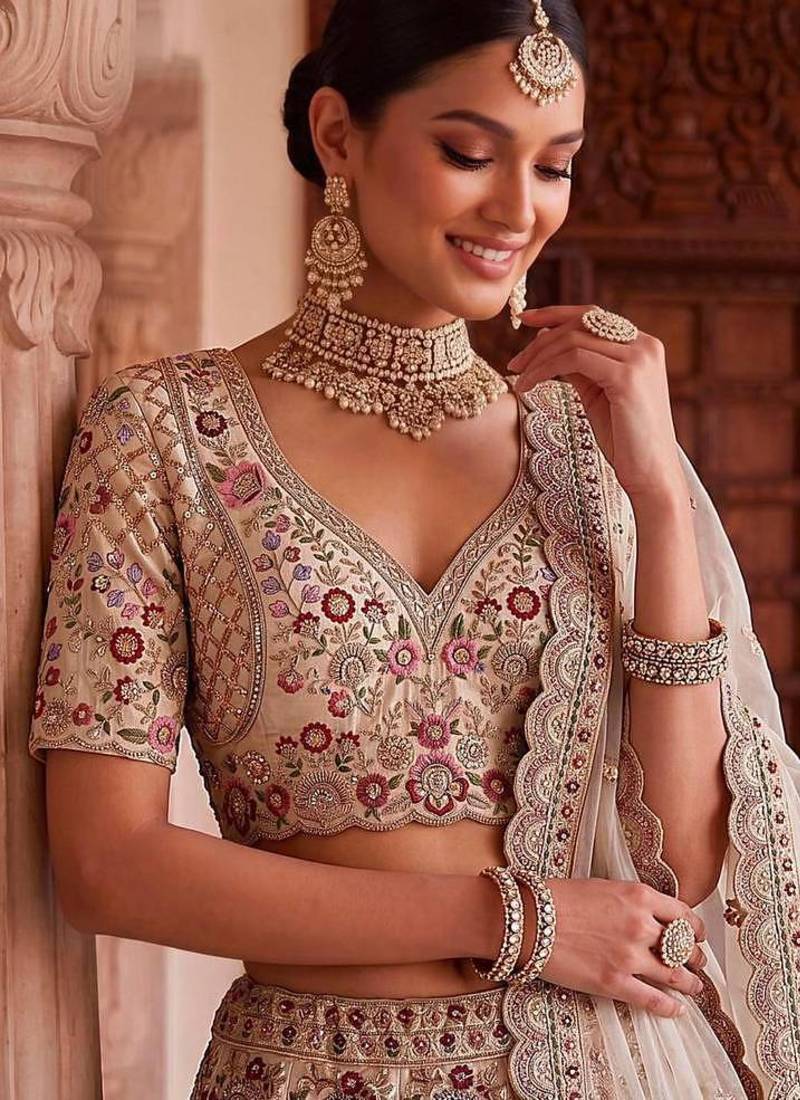 Beige silk blend embroidered heavy bridal wedding lehenga choli set