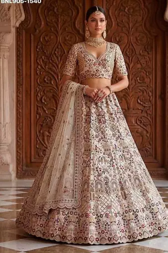 Beige silk blend embroidered heavy bridal wedding lehenga choli set