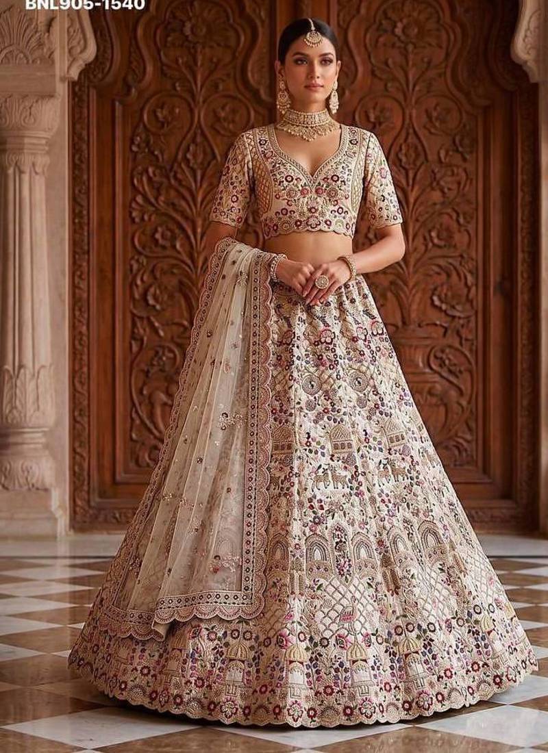 Beige silk blend embroidered heavy bridal wedding lehenga choli set