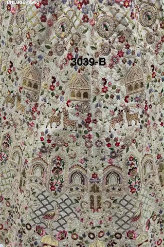 Beige silk blend embroidered heavy bridal wedding lehenga choli set