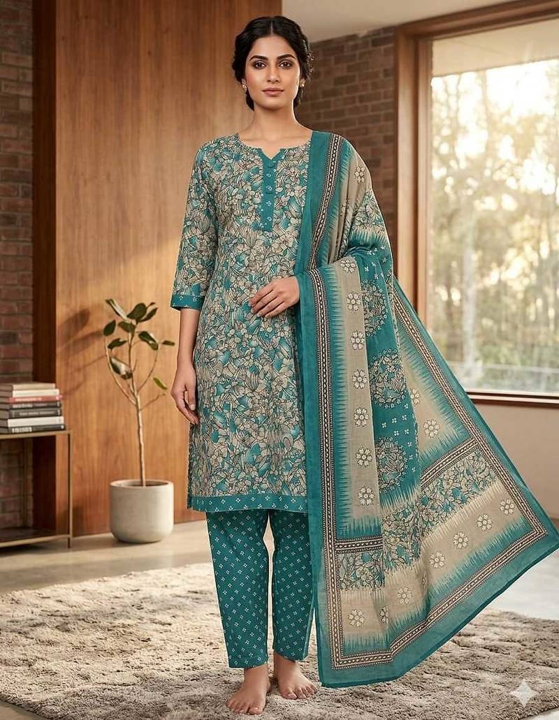 Teal printed cotton blend stitched floral print salwar kurta dupatta for women