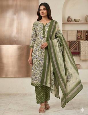 Olive printed cotton blend stitched floral print salwar kurta dupatta for women 3