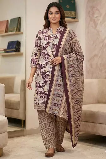 Wine printed cotton blend stitched floral print salwar kurta dupatta for women