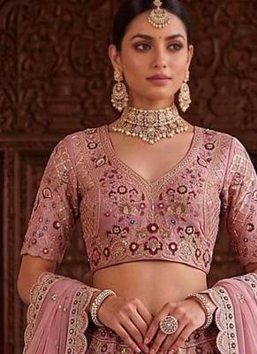 Light onion pink silk blend embroidered bridal sangeet lehenga choli set 1