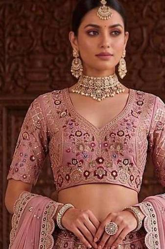 Light onion pink silk blend embroidered bridal sangeet lehenga choli set